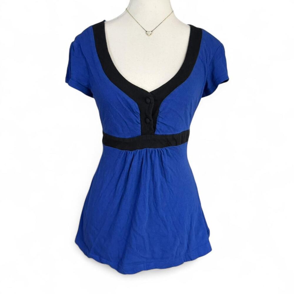 Eyelash Couture Baby Doll 2000s Short Sleeve Blue Black Top Size XL 100%Cotton